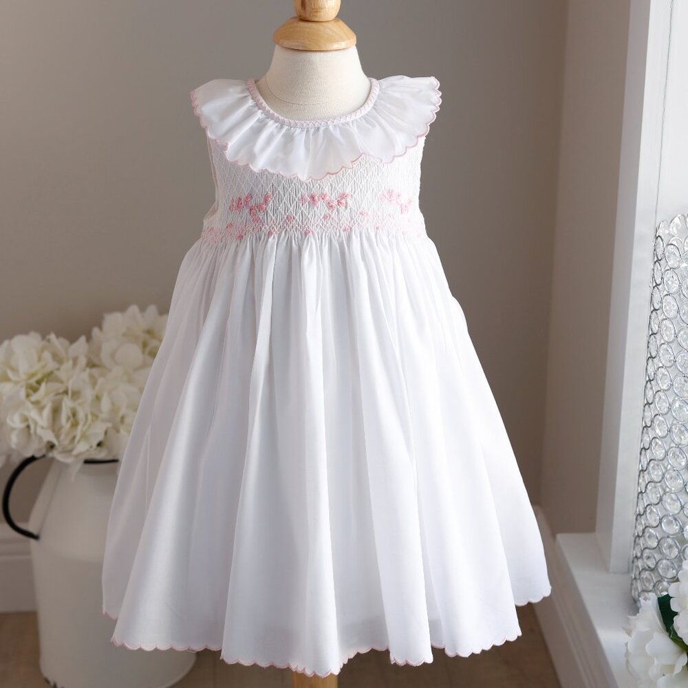 Smocked White Dress with Pink Embroidery Boutique Luli & Me Sleeveless NWT